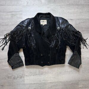 Vintage Park V Large Black Leather Moto Biker Jacket with Fringe Made in USA